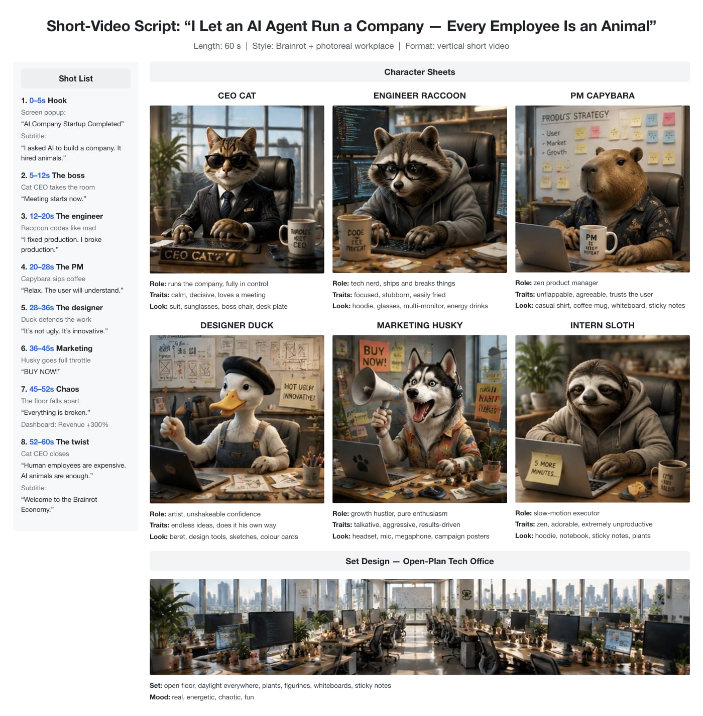 An eight-shot storyboard with six animal character sheets and the open-plan office set design
